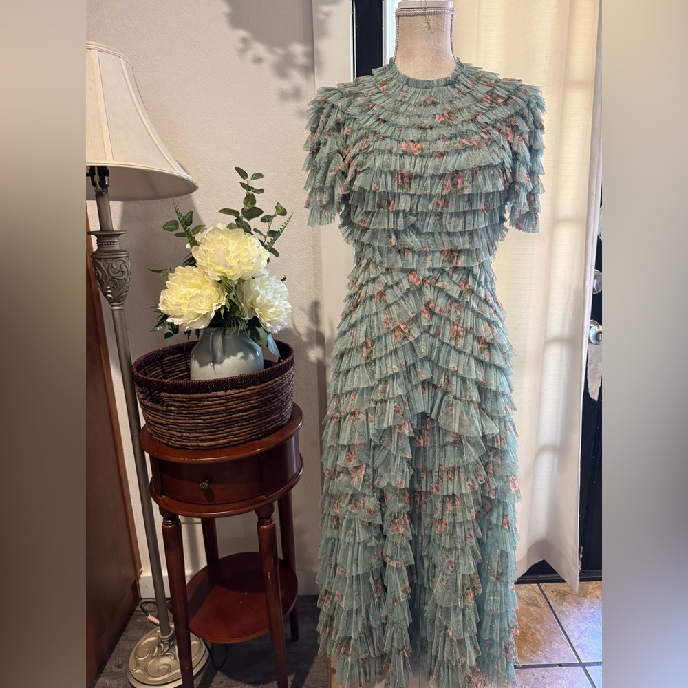 Mac Duggal Romantic Ruffle Gown, Mint and pink flowers